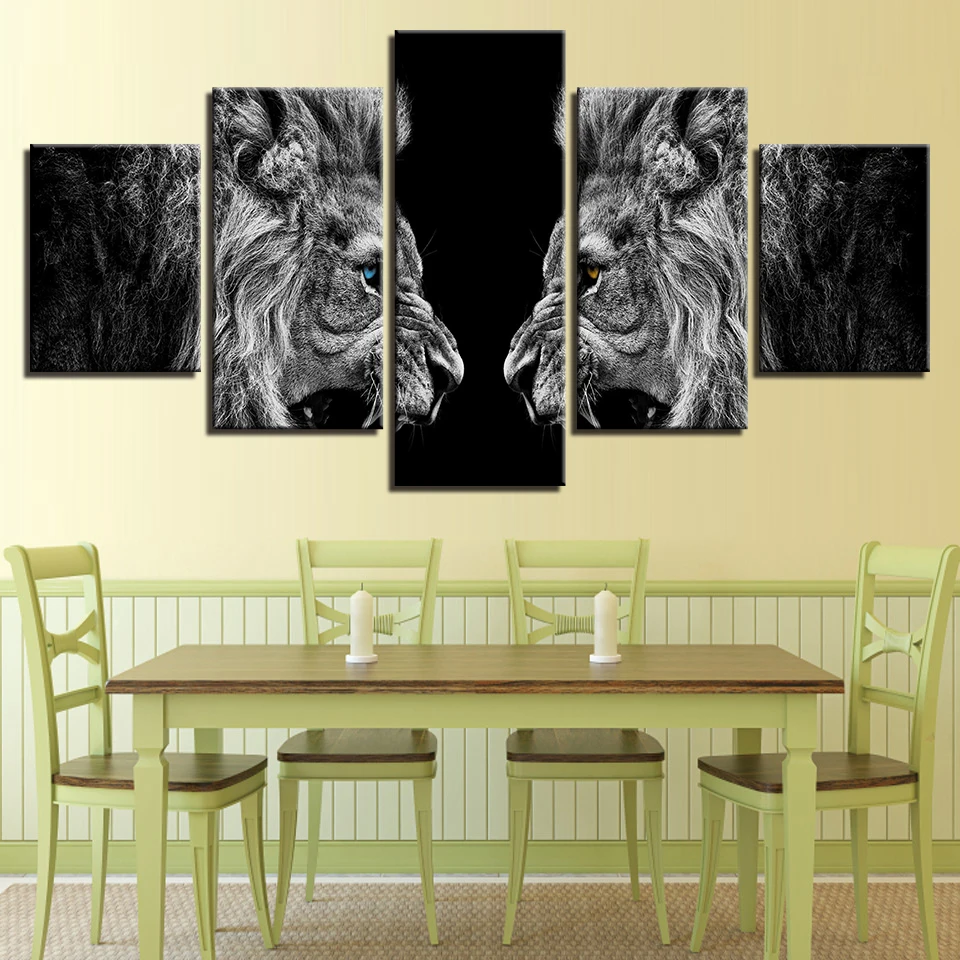 

Home Decor HD Prints Canvas Posters Framework 5 Pieces Roaring Lions Mirror Paintings Wall Art Animal Pictures For Living Room