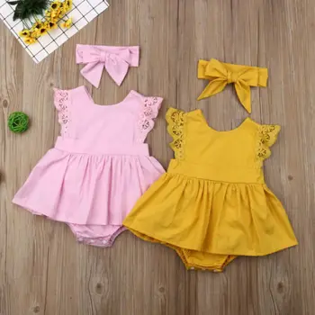 

Sweet Newborn Baby Girl Clothes Set Headband Fly-Sleeve Romper Dress Outfit