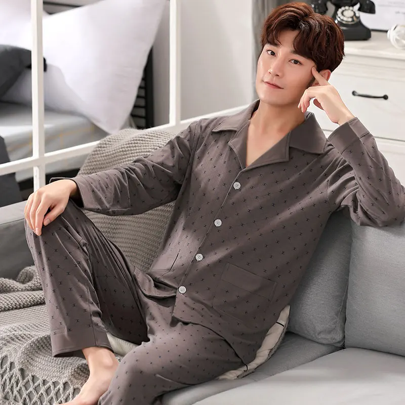 Sleep Suit Men Spring Autumn Cotton High Quality Brand Pajama Set Men Long Sleeve Blue Color Stripe Sleepwear Pajama Male - Цвет: 5962