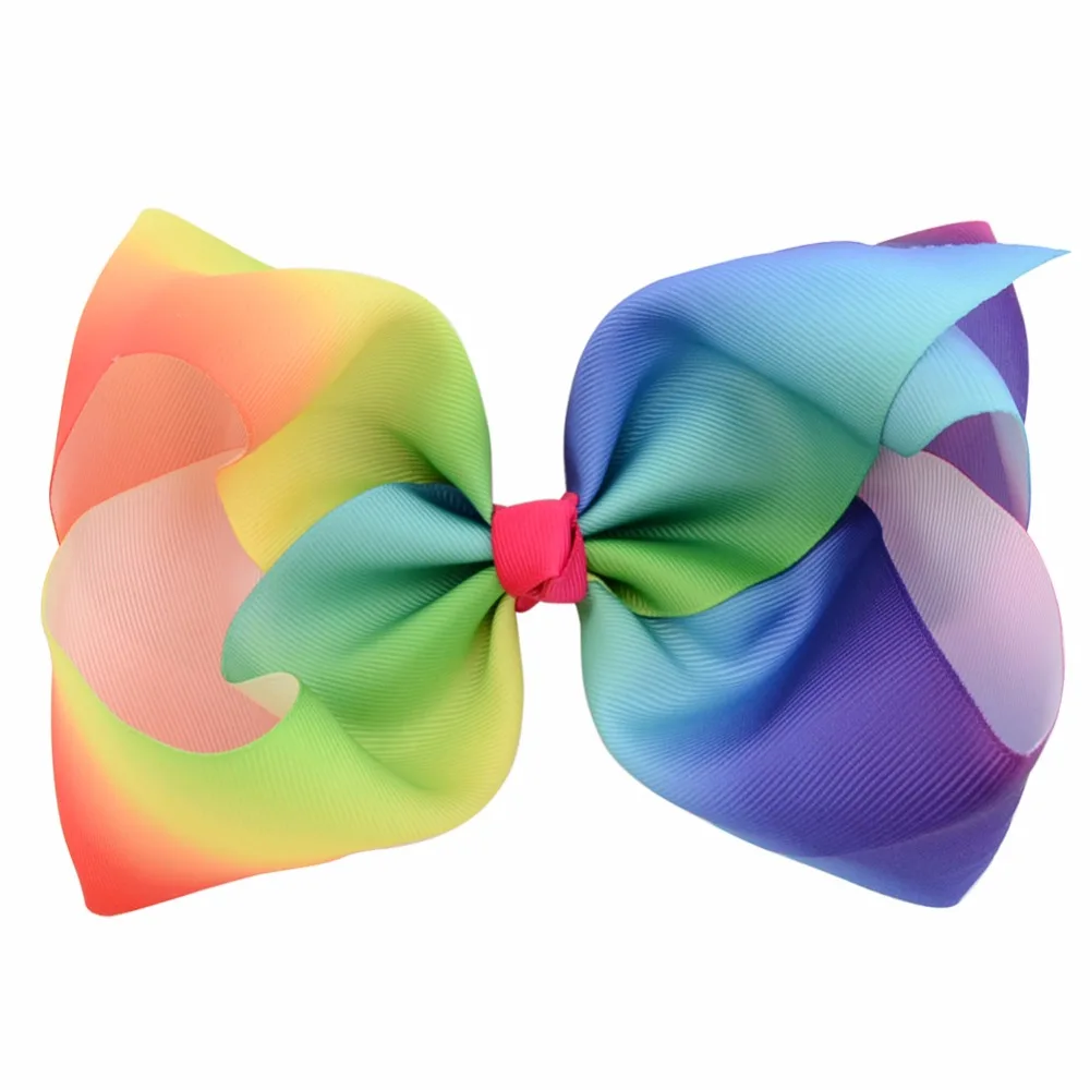 8Inch 6pcs/lot Kids Bows Rainbow Grosgrain Ribbon Bow With Clip