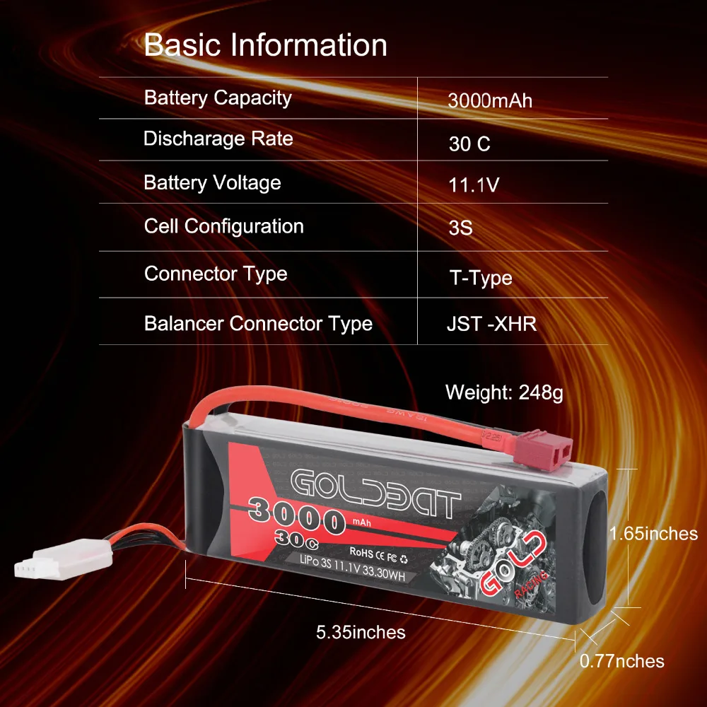 2 единицы GOLDBAT 3000mAh RC LiPo батарея 11,1 V 3S LiPo батарея для rc LiPo 3000mah lipo 30C с t-разъемом для RC Heli дрона автомобиля лодки