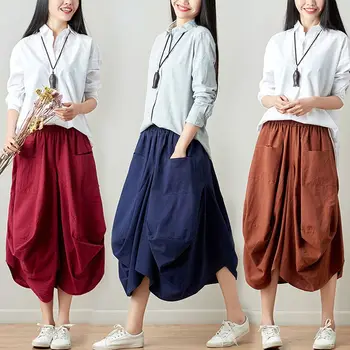 

Casual Pockets Vintage Lantern skirt New Irregular Fold Plus Size Elastic Waist Skirt Original Solid Color Baggy Skirts 1381