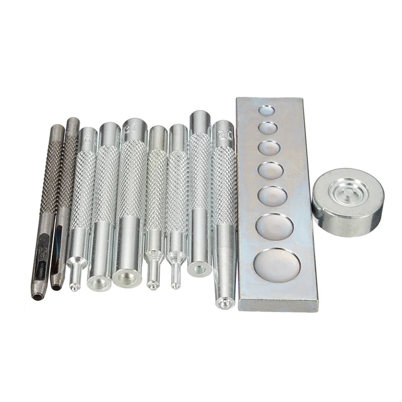 

11PCS Excellent Metal Leather Craft Tool Die Hole Punch Snap Fastener Installation Kit Rivet Setter Base Set DIY Leathercraft