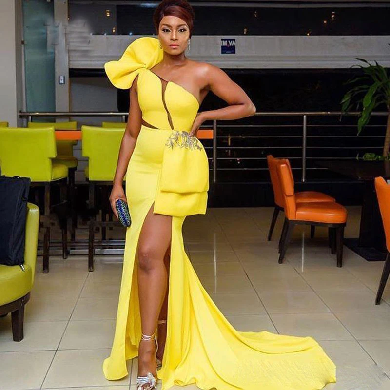 Bright Yellow Formal Dress Evening Dresses abiye robe de soiree Abendkleider Sexy Slit Evening Gowns Applique Mermaid Long