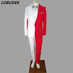 2019 красный, белый шить для мужчин's костюмы маг клоун сценический наряд певец из ночного клуба хост костюм свадебная одежда