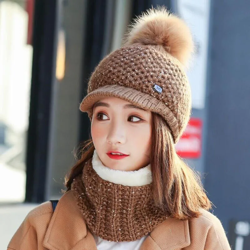 

SUOGRY Women's Winter Warm Thick Velvet Ski Knit Hat and Scarf 2 Pieces for Girls Beanies Hat Cap Female