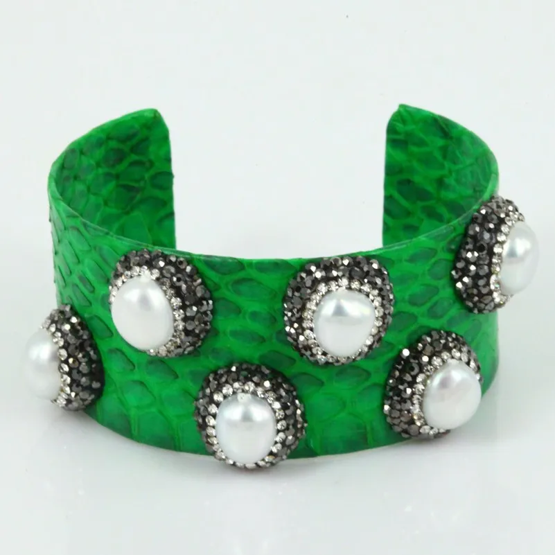 

Hand-crafted leather snake leather large cuff bracelet elegant freshwater pearl with rhinestone bracelet jewelry bracelet find