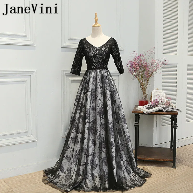 JaneVini-Lace-Floral-Mother-of-the-Bride-Dresses-Dubai-Robe-Long-V-Neck-Half-Sleeve-Mother