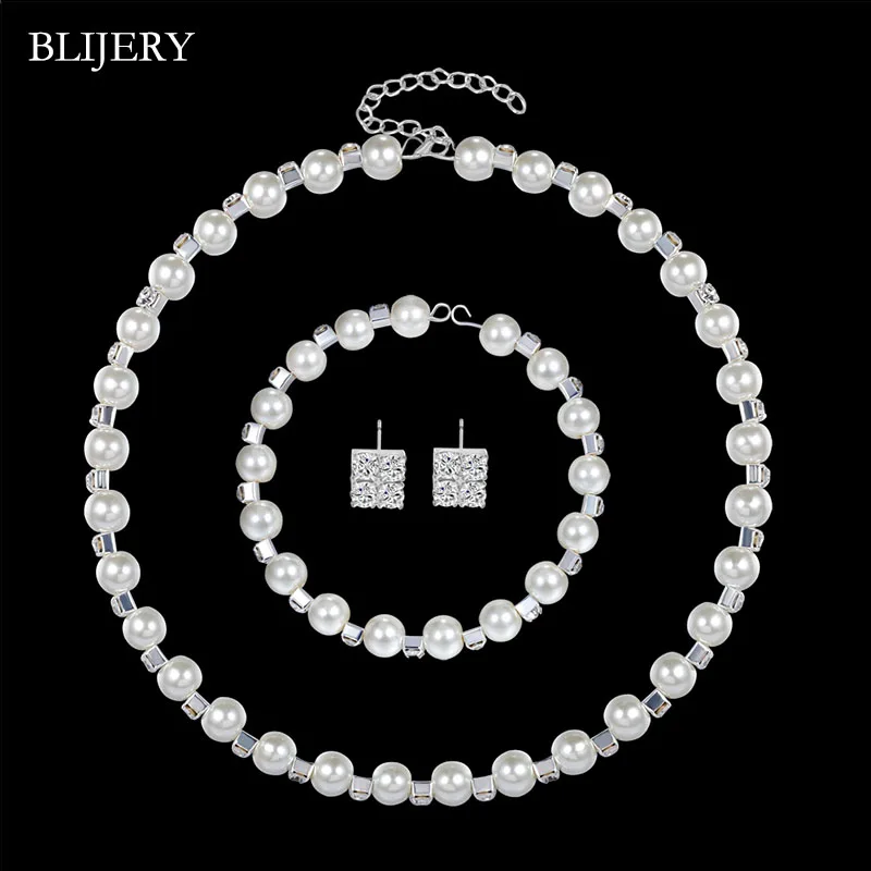 

BLIJERY Classic Pearls Crystal Bridal Jewelry Sets Choker Necklace Earrings Bracelet Party Wedding Jewelry Sets for Women