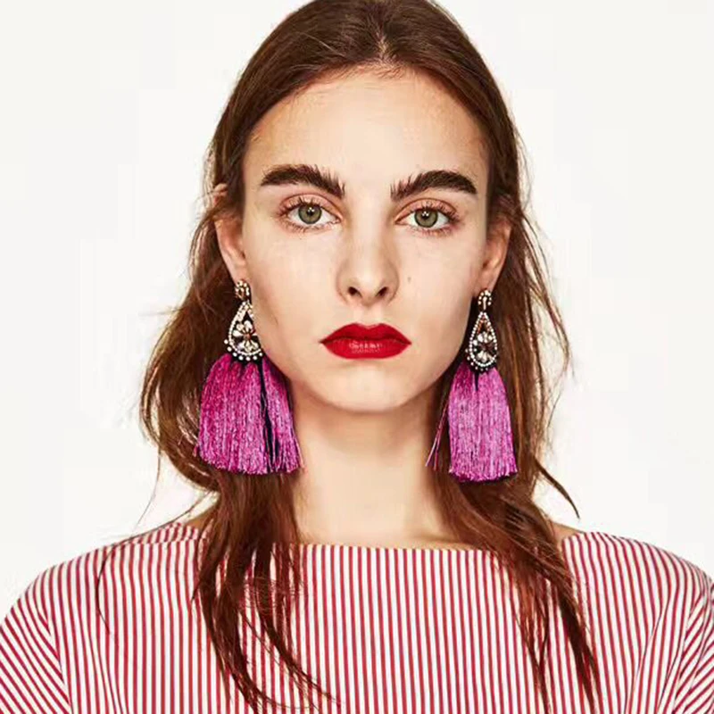 

ZA Hot Fashion Tassel Fringe Earrings Cheap Bohemian Crystal Statement Earings Women