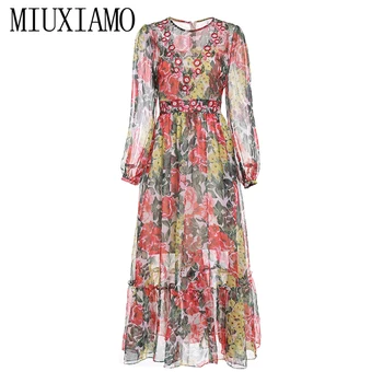 

MIUXIMAO High Quality 2019 Summer&spring Maxi Dress Ribbon Stereo flower Print Eleghant Lace Casual Long Dress Women vestido