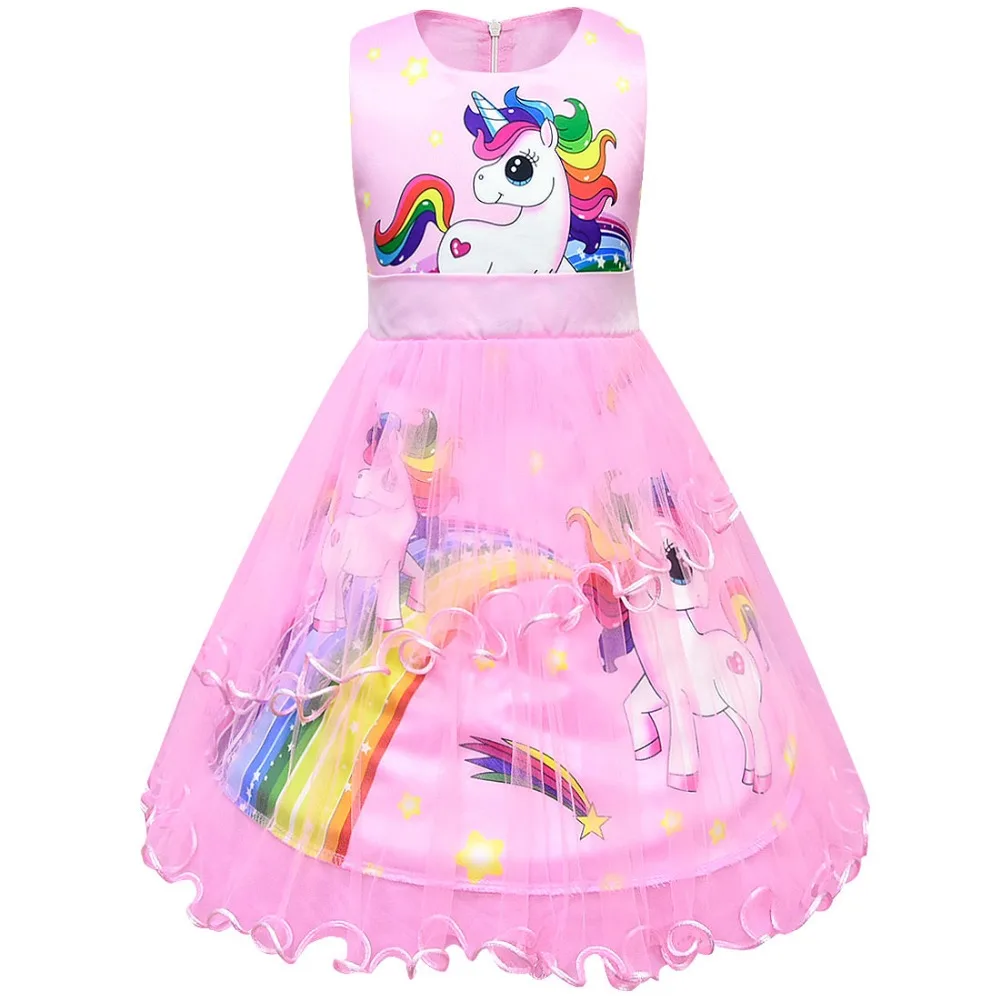 

2019 Girl Bow Dress Unicorn Lace Children Summer Fashion Cartoon Girl Dress Pony Printing Baby Kids Cute Princess Party Clothes