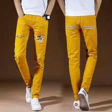 Высокое качество модные повседневные студенческие хип-хоп подростковые цветные джинсы с дырками и заплатками, желтые хлопковые обтягивающие джинсы для мужчин