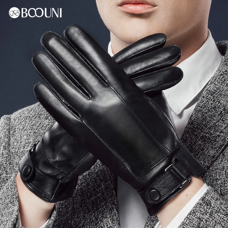 BOOUNI Genuine Leather Men Gloves New Style Five Finger Warm Velvet Fashion Trend Winter Sheepskin Glove For Driving NM938