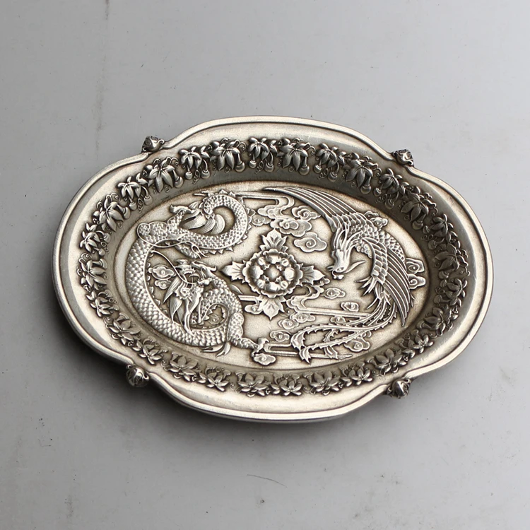 

Chinese calligraphy water ink dish carved Dragon and Phoenix Tibet silver