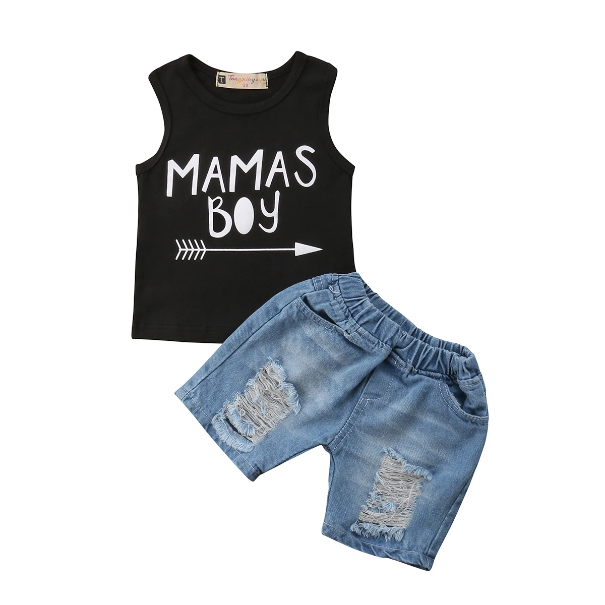 

2019 Fashion Toddler Baby Boy Sleeveless Vest Letter Print Top Ripped Denim Pants Short Outfits Pant Sets