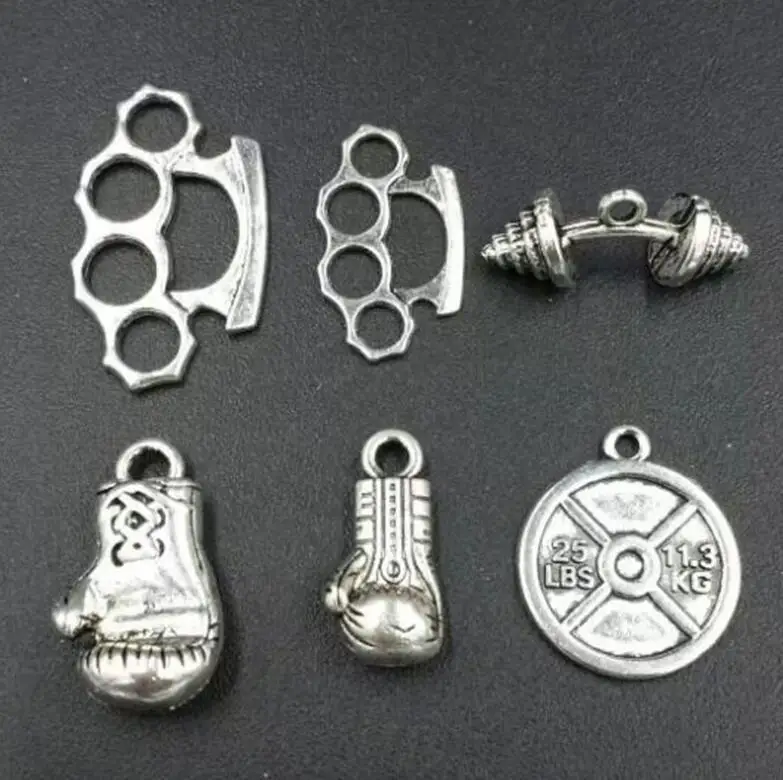 

30PCS Antique Silver Mixed Boxing Gloves & Dumbbells&Brass Knuckle Dusters Charms Pendant For Bracelets Necklace Jewelry Making