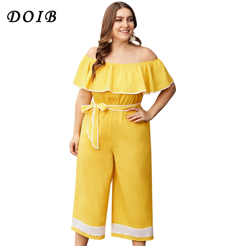 

DOIB Plus Size Playsuit Solid Color Off Shoulder Ruffle Tie Collect Waist Wide Leg Colouring Jumpsuit XL XXL XXXL XXXXL