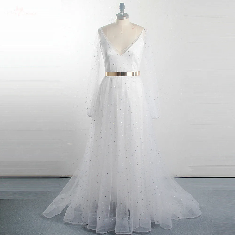 

RSW1514 Sparkly Color Star Moon Pattern Free Veil Boho Dress Gold Belt Long Sleeve Deep V Neck A Line Tulle Bridal Wedding Gowns