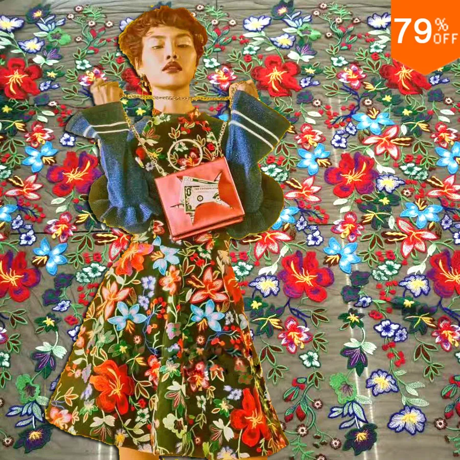 

Fashion European Luxury Polis Flowers Patteran patchwork handwork Embroid Dress sewing material Dress fabric Curtain Drape Voile