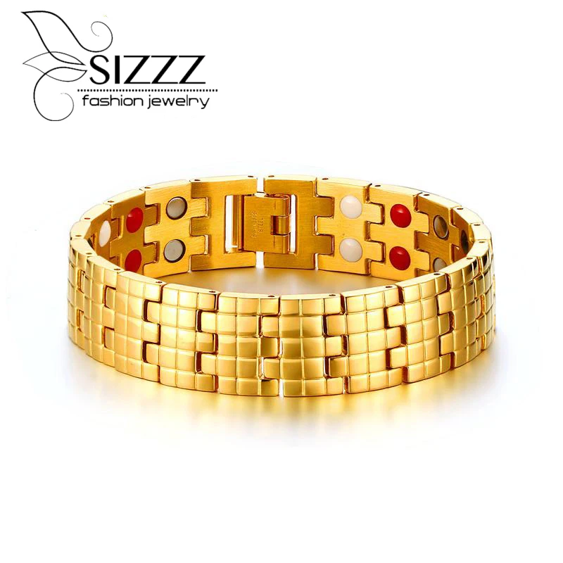 

SIZZZ 2017 Vintage Titanium Steel Gold Color Health Magnet Round Shape Bracelet&Bangles For Men