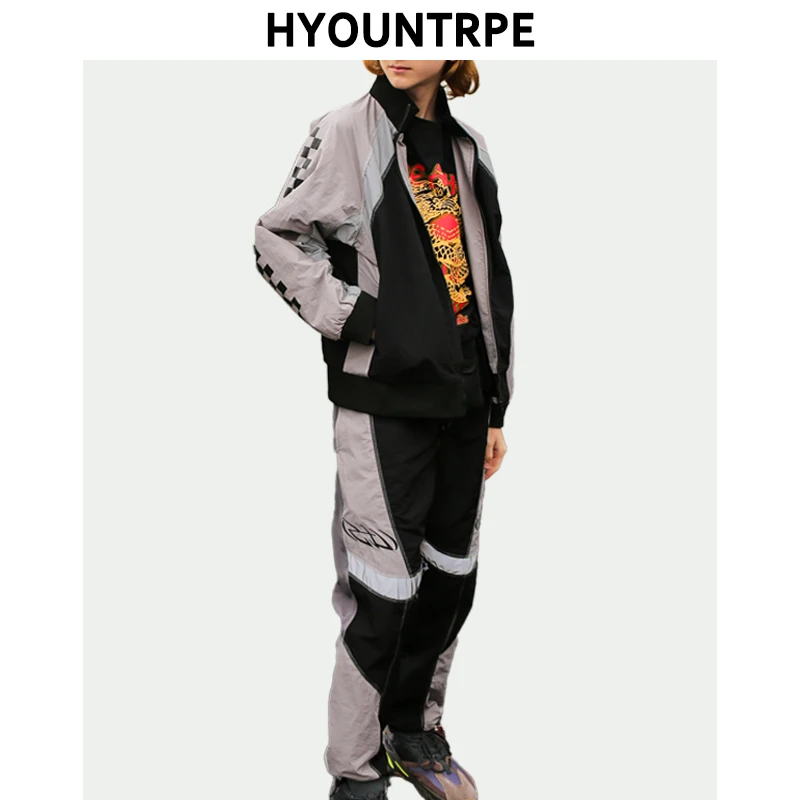 

2 Pieces Sets Men Fashion Reflective Full Zipper Embroidery Jackets And Drewstring Loose Fit Pants Unisex Hip Hop New Spring Set