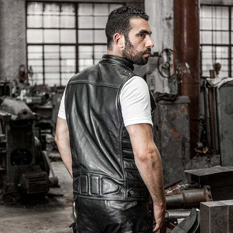 50% OFF For super Motor rider Mens high quality cow leather vest genuine cowhide leather motorcycle rider vest HA-97181