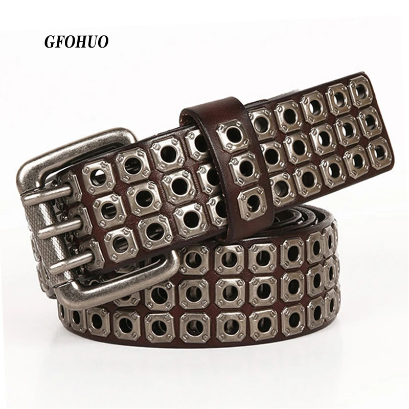 

Heavy Metal Cowboy Punk Belt Genuine Leather Hip Hop Belts For Men Cross Rivet Jeans belt male Strap Ceinture Homme