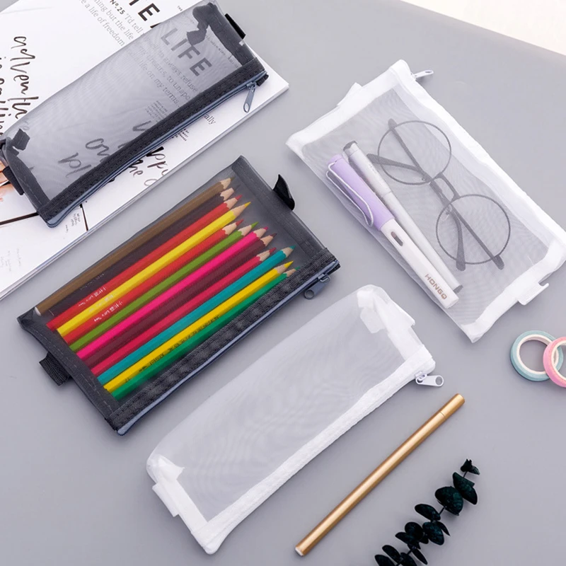 

Simple Transparent Mesh Pencil Case Pencilcase Stationery School Student Office Writing Supplies Boy Large Pencil Storage Bag