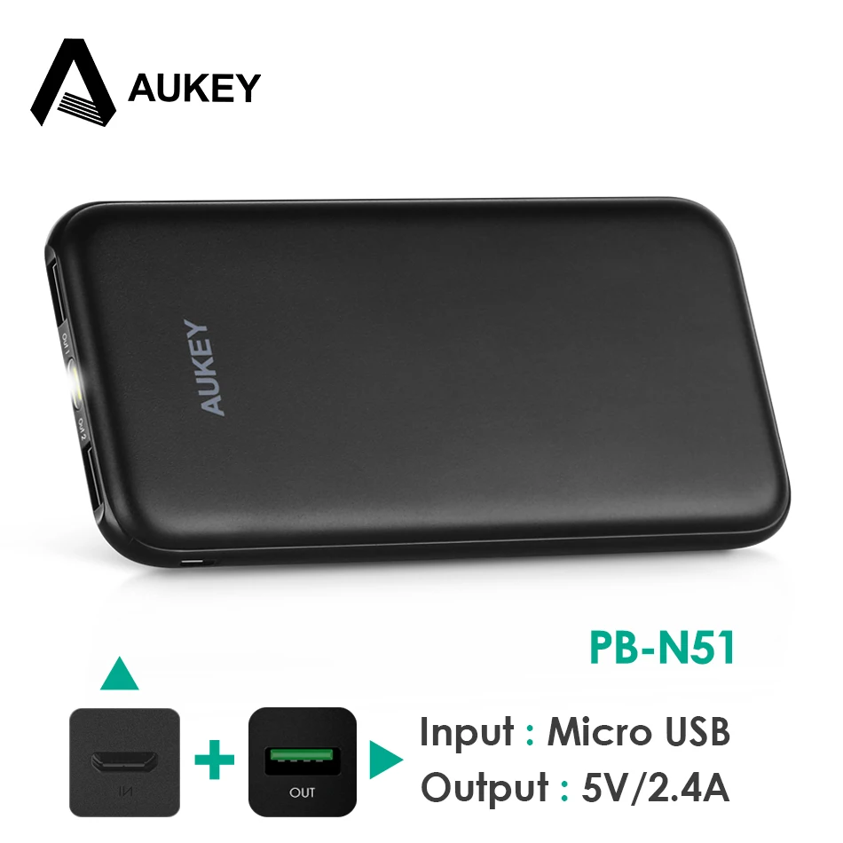 AUKEY 10000 мАч Портативный Мощность банк путешествия внешний Батарея тонкий Bank Dual