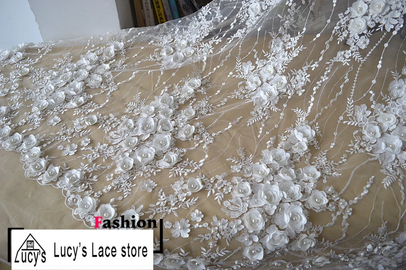 

2017 Super Luxurious 3d Petals Flowers Wedding Lace Fabric 1 Yard in Ivory with Pearls High Quality Beaded Lace!