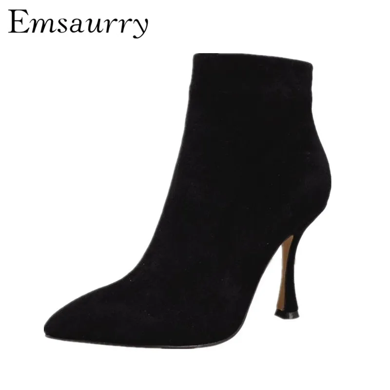 

Elegant Suede Ankle Boots Women Side Zipper Stiletto Heel Sexy Pointed Toe Black Quality Autumn Short Booties