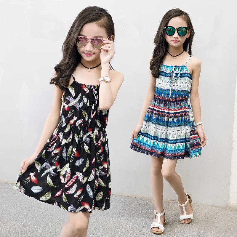 

Summer Bohemian Beach Girls Dress With Beading Sleeveless Sundress Floral Sling Dress For Girl Vestido Infantil