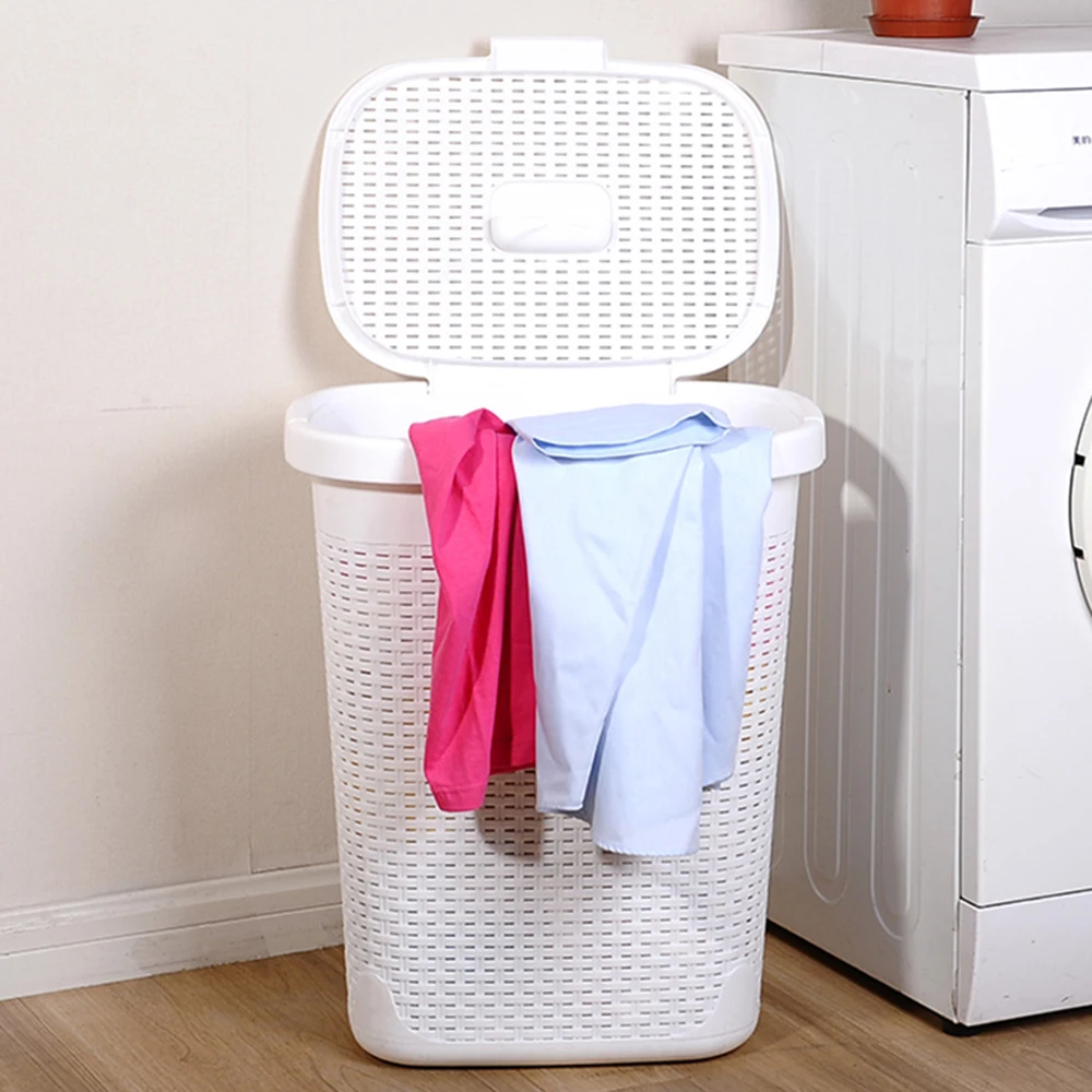  Weaving Pattern White PP Plastic Balcony Laundry Basket with Cover Bathroom Bedroom Dirty Clothes D - 33039097580