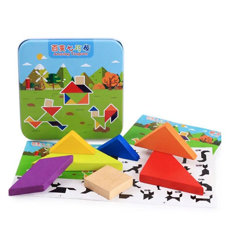 Wooden Tangram 7 Piece Jigsaw Puzzle Colorful Square IQ Game Brain Teaser Intelligent Educational Toys for