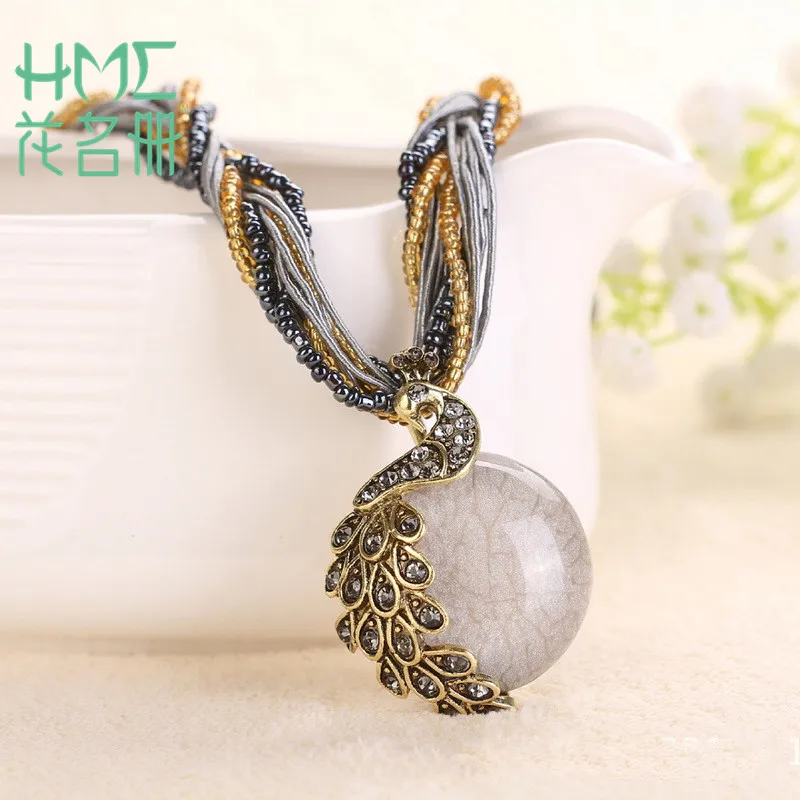

New Arrival Bohemia Style Peacock Stone Pendant Opal Long Jewelry Necklace 1pcs/bag For Women Charm Retro Necklace Accessories