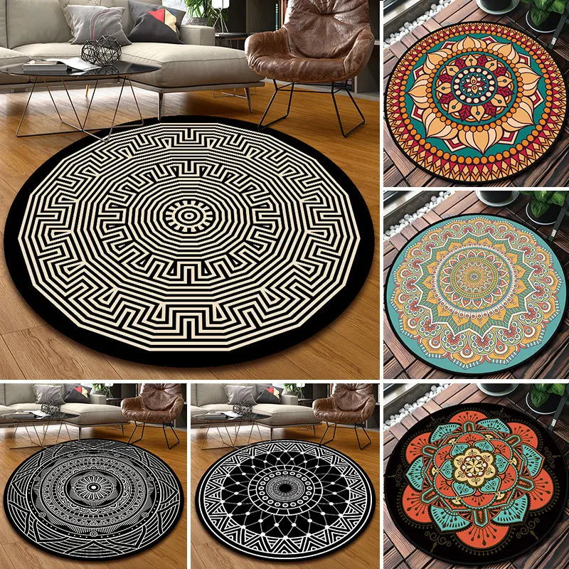 

Nordic national style vintage ethnic totem mandala round carpet Non-slip Balcony coffee table hanging basket home decoration mat