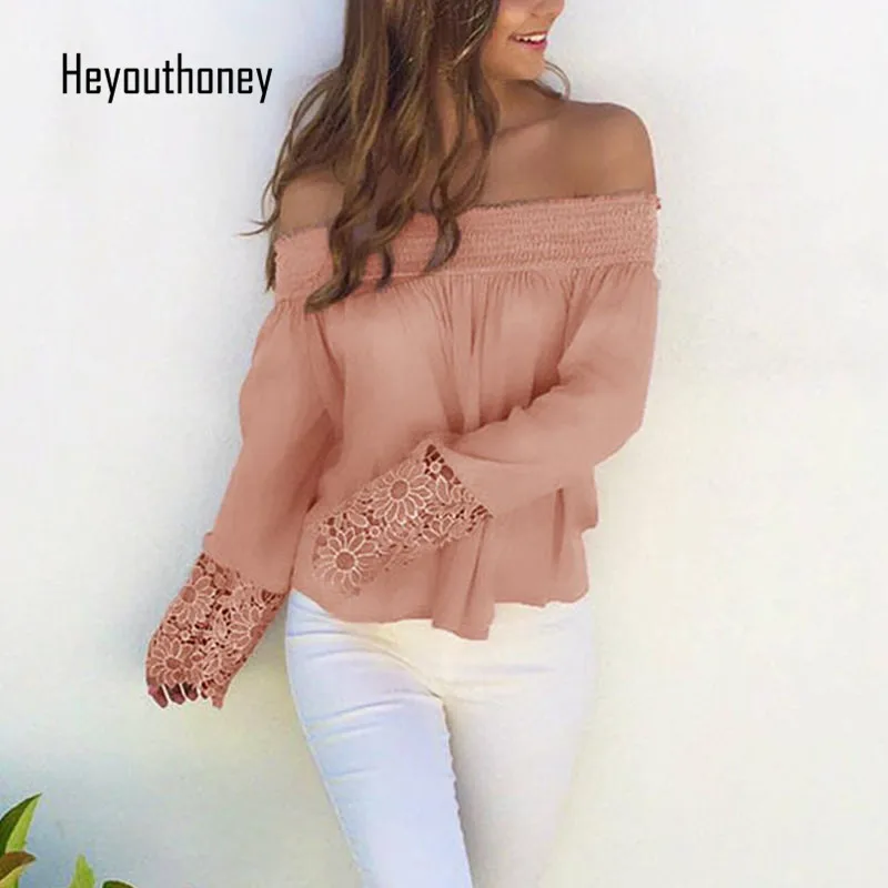 Image Heyouthoney New Women Sweet Pink Off Shoulder Sexy Shirt Long Sleeve Blouse Ladies Summer Peasant Blusas with Lace Trim Tops