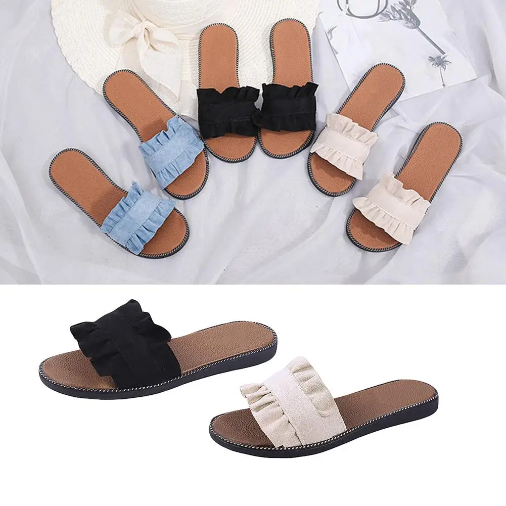 

Women Summer Fashion Solid Color Fabric Ruffles Flat Slipper Sandals Beach Shoes