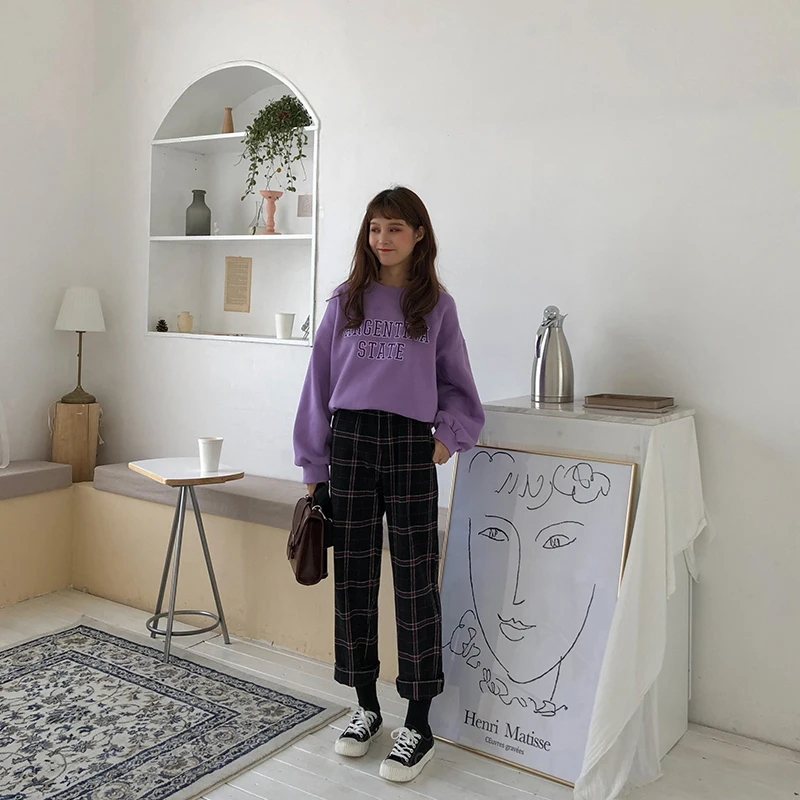 Comprar 2019 mujeres coreanas Kawaii Ulzzang Loose Plaid salvaje más terciopelo nueve pantalones estudiantes casuales femenino lindo japonés Harajuku