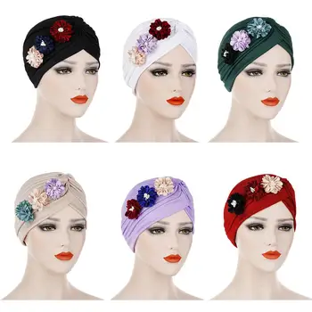 

New Fashion Vintage Women Muslim Three Flower Drape Turban Hat Indian Cap Solid Color Headwrap