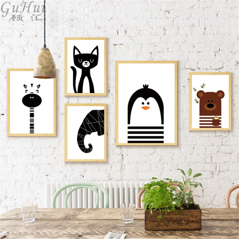 Nordic Cartoon Black And White Animals Elephant Bear Canvas Painting Penguin Cat Posters Prints Wall Pictures Kids Room Decor | Дом и сад
