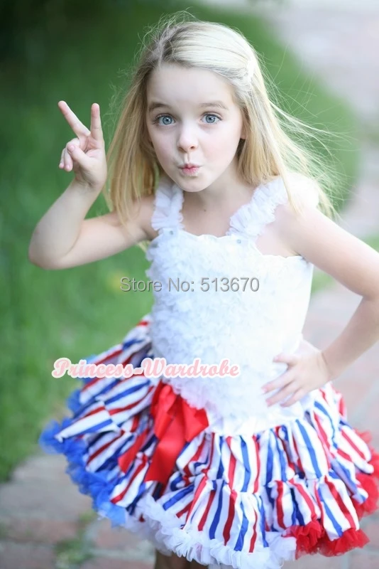 

4th July America Flag Style Stripe Pettiskirt White Ruffle Tank Top 2PC Set 1-8Year MAMG1143
