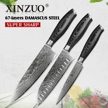XINZUO 3pcs kitchen knives set 67 layers high carbon Damascus stainless steel 8+7+5 chef santoku utility knife pakka wood handle