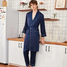 PS0322 новые мужские пижамы высокого качества атласные шелковые мужские пижамы сексуальные V шеи халаты с поясом длинные брюки 2 шт пижамный комплект