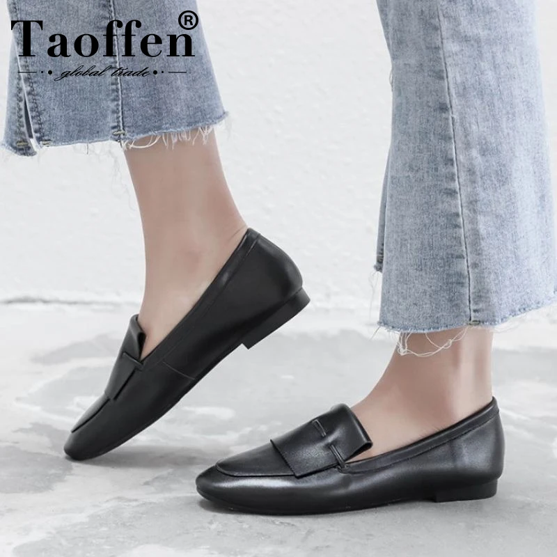 

TAOFFEN Women Daily Real Leather Office Lady Flats Shoes Women Dating Vacation Casual Simple Flats Shoes Round Toe Size 34-43