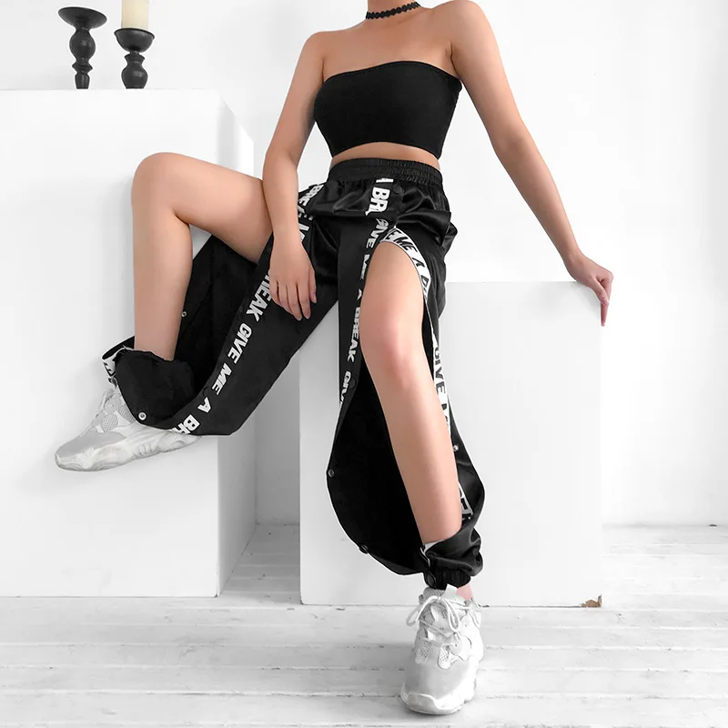 

YYXZ Fashion Cute Print Letter SML Hollow Out Buttons Elastic Waist High Waist Woman Casual Pants Lady Trousers Streetwear Black