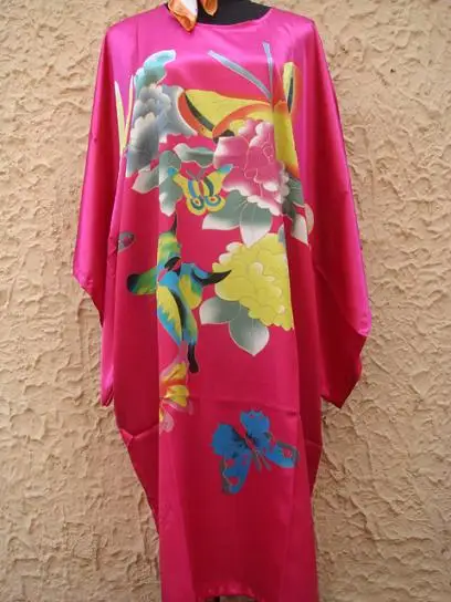 Розовый Живопись китайский Для женщин шелковый халат ночная рубашка юката Цветок Один размер S4011 - Цвет: hot pink