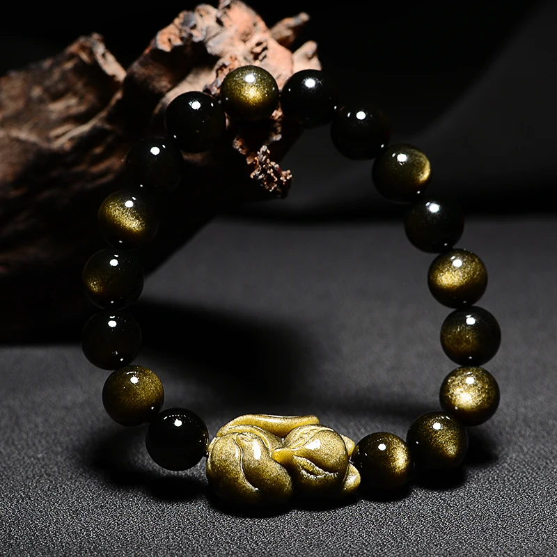 Натуральный камень Золотая Обсидиановая лиса мужской браслет трендовые животные Foxhound круглые бисерные браслеты для женщин мощный стрейч браслет