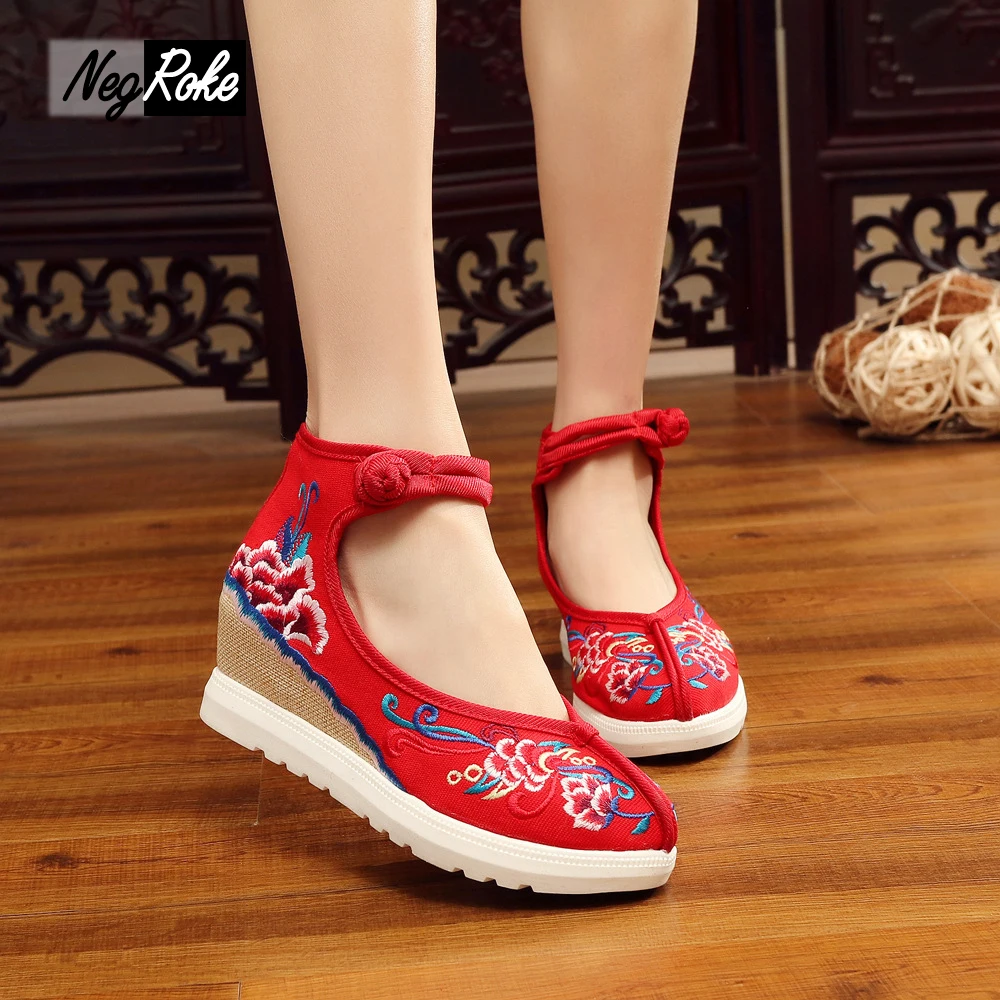 

summer fashion Chinese style high heels shoes women pumps embroidery Cotton linen casual platform shoes women sapato feminino